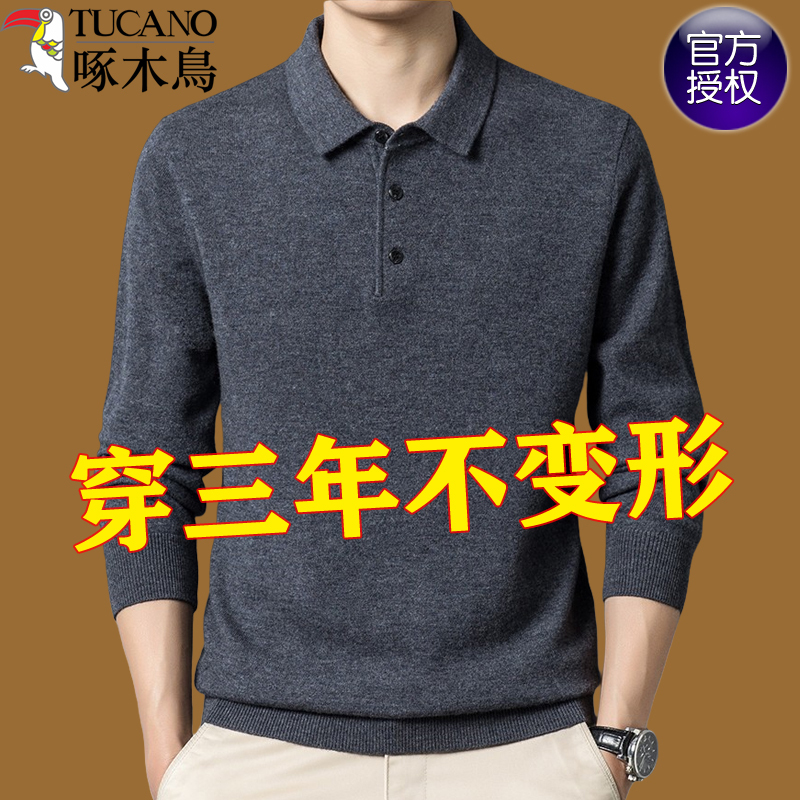 Woodpecker High-End Polo Shirt Men's Thickened Collared Knit Sweater for Young and Middle-Aged Men Winter Style