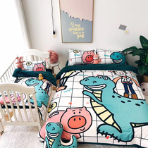 Two-dimensional girl heart children cartoon dinosaur pig pig autumn and winter treasure velvet four-piece quilt cover bed sheets bedding
