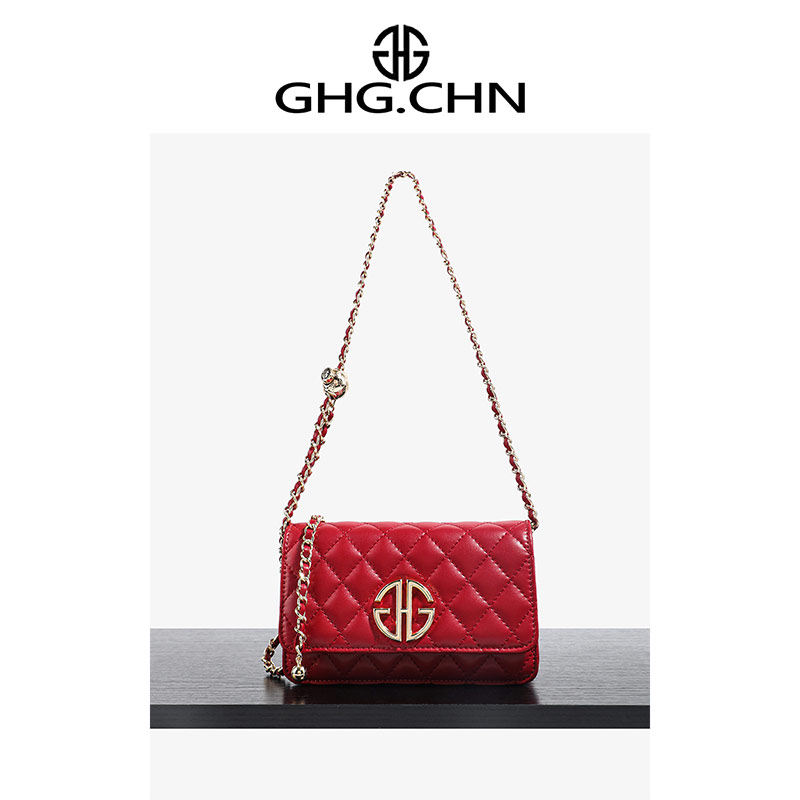 Han Gu'er's light luxury niche holiday gift women's bag wine red high-end diamond grid small golden ball chain crossbody bag