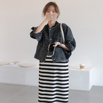 Pregnant women denim coat autumn 2021 new spring and autumn models large size small man short fashion belly tide coat