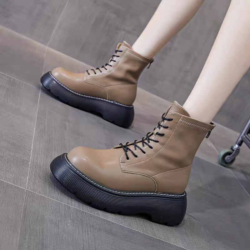 Tide brand leather Martin boots women's 2022 autumn and winter new British style retro short boots increased height thick bottom big head motorcycle boots