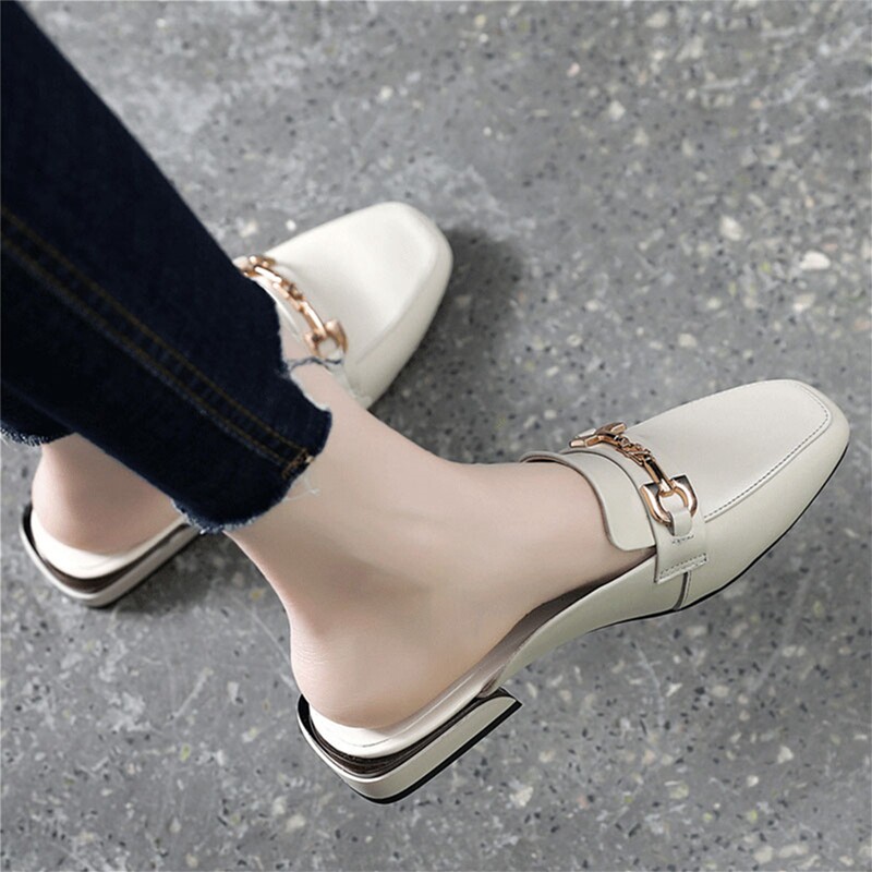 Trendy brand leather Baotou half slippers women's summer outer wear 2023 new Muller women's shoes low-heeled flat single shoes sandals