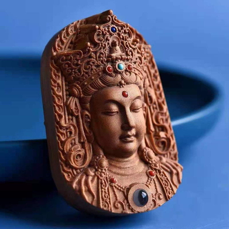 Indian old sandalwood old material Buddha brand carving Guanyin double-carved inlaid treasure necklace projection pendant pendant
