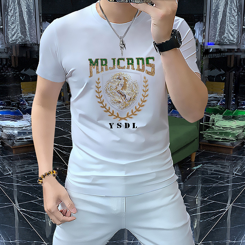 2025 Short-Sleeve T-Shirt for Men, Mercerized Cotton, European Style, Rhinestone Embellishment, Round Neck, Slim Fit, Ice Silk, Sequins