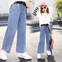 Girls jeans spring and autumn ten-year-old girls 5 foreign style 6 casual 7 loose 8 thin section big children children wide-leg pants