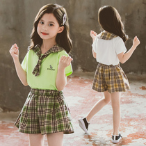 jk uniforms girls summer clothing suit 2021 new foreign air CUHK child short sleeve T-shirt plaid shorts two-piece set