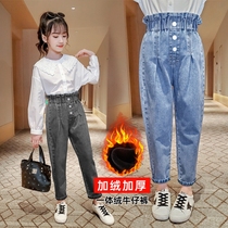 Girls plus velvet jeans big childrens Korean winter new one-piece velvet high-waisted trousers childrens pants Daddy pants