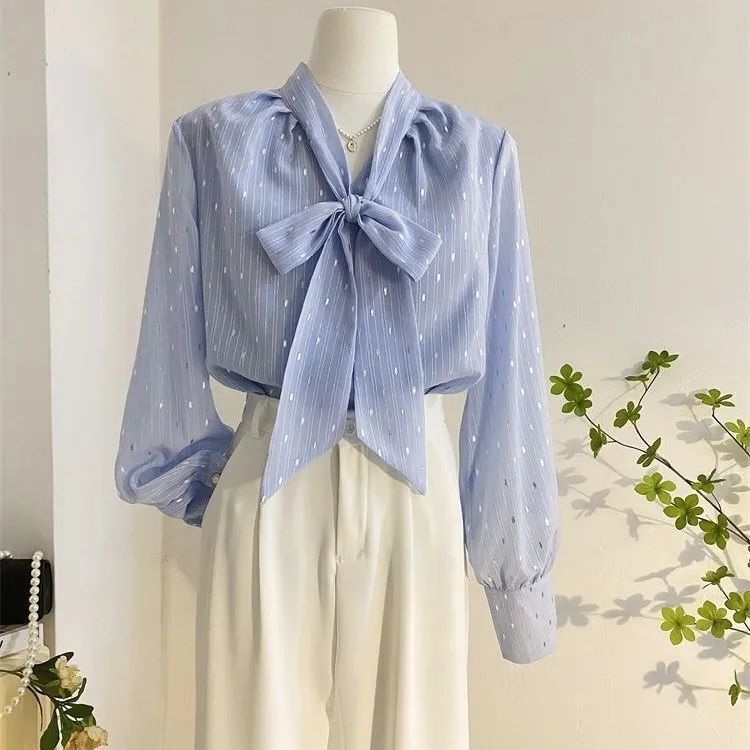 Spring and Autumn High-End Shiny Loose Shirt for Women, Niche Versatile Blue Tie Bow Long-Sleeve Elegant Top