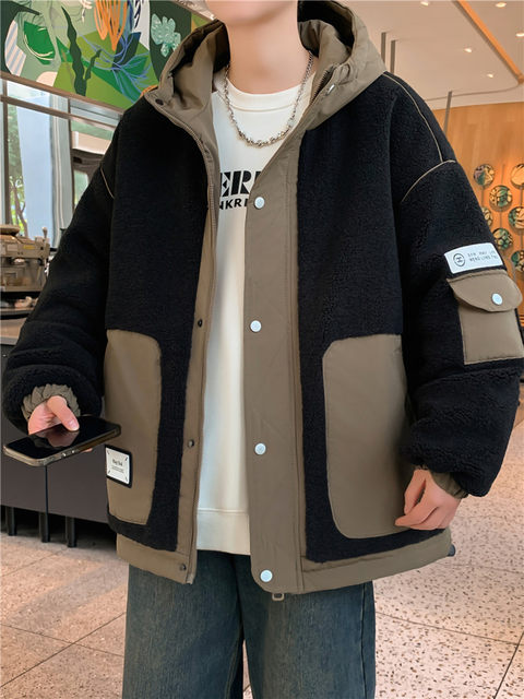 Lamb fleece jacket men's cotton thickened winter Hong Kong style youth student cotton coat boy's grain velvet cotton coat men's clothing