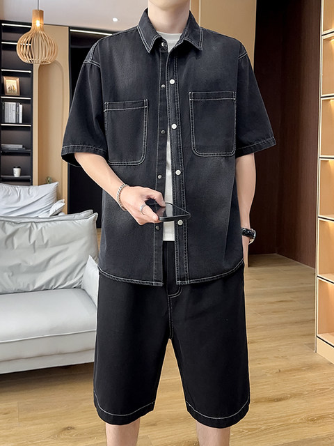 2025 new summer short-sleeved denim shirt boys' clothing suit with handsome solid color half-sleeved men's clothing