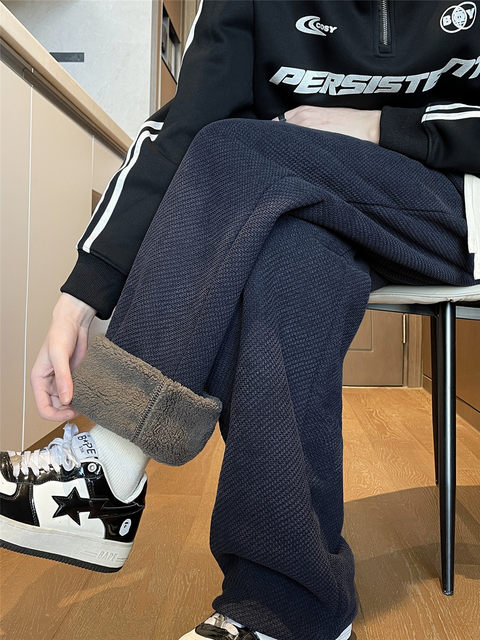 Winter thick alpaca straight-leg sweatpants for boys and teenagers plus velvet thickened warm student casual long pants
