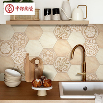 Silver vintage printed hexagonal tiles 200 × 230 background wall tiles reddish brown living room kitchen bathroom tiles