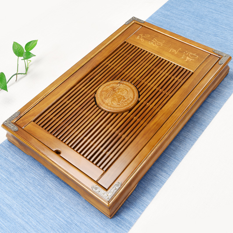 Porcelain god modern large real wood tea tray machine of Chinese style household contracted tea tray drawer drainage mini tea sea