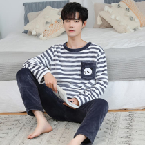 Mens coral velvet pajamas autumn and winter warm flannel winter home suit suit plus velvet padded round neck