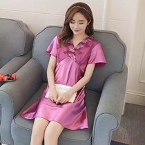 Pajama nightgown Women summer short sleeve Ice Silk Korean blue loose short sleeve sexy thin silk shirt middle skirt