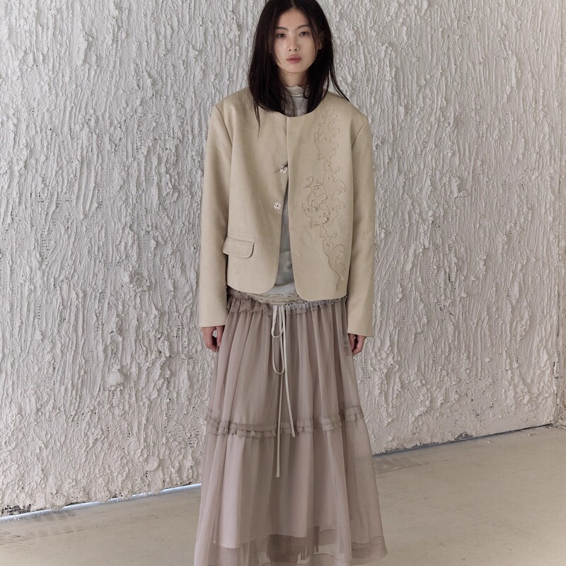 Changguang Yuanzi Original Design Linen Gauze Crinkle Yarn Spliced Lace Drawstring Large Hem Half Skirt Gauze Skirt