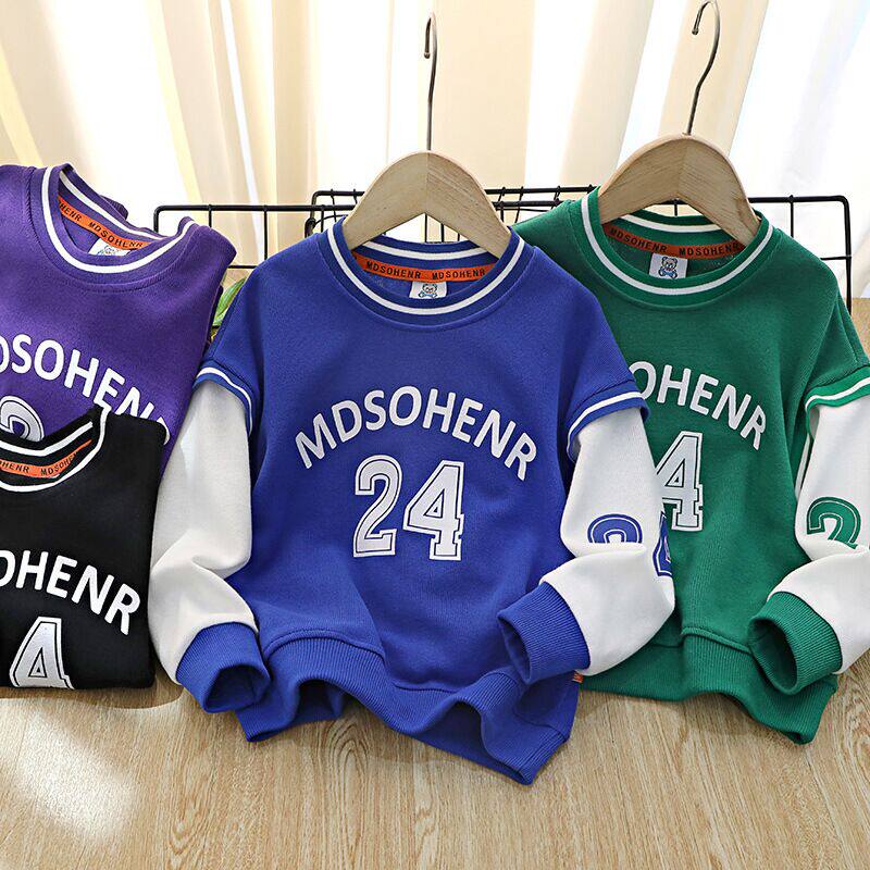Boys' sweater spring and autumn new 2022 fried street children's fake two-piece female middle-aged children's sports and leisure basketball clothes are handsome