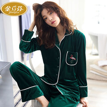 Jin Lifen Coral Velvet Pajamas Womens Autumn and Winter Padded velvet Long Sleeve Golden Velvet Home Clothing Set Youth Plus Size