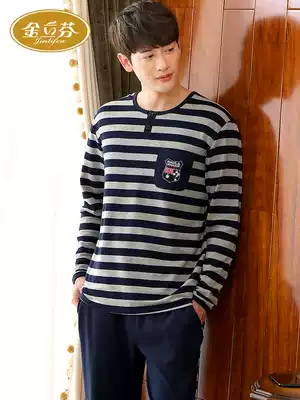 Autumn and winter men's striped pajamas, men's long-sleeved pure cotton, young men's spring and autumn home clothes, suits can be worn outside