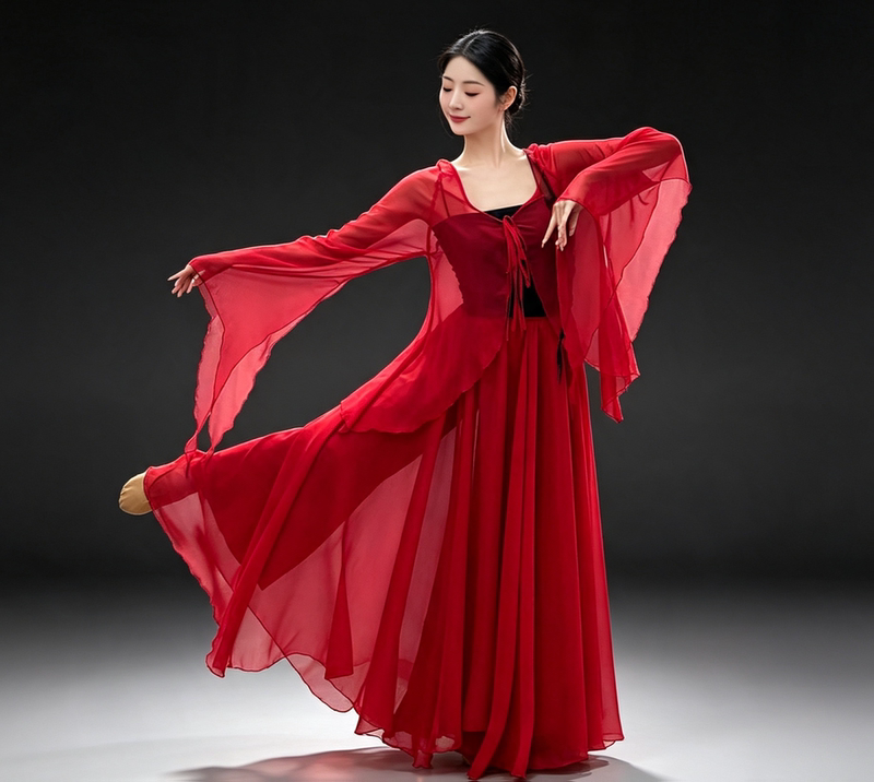 Red Dance Costume from the Past, Red 720-Degree Large Swing Skirt, Three Bows, Red Dust Performance Costume, Wish-Fulfilling Performance Costume