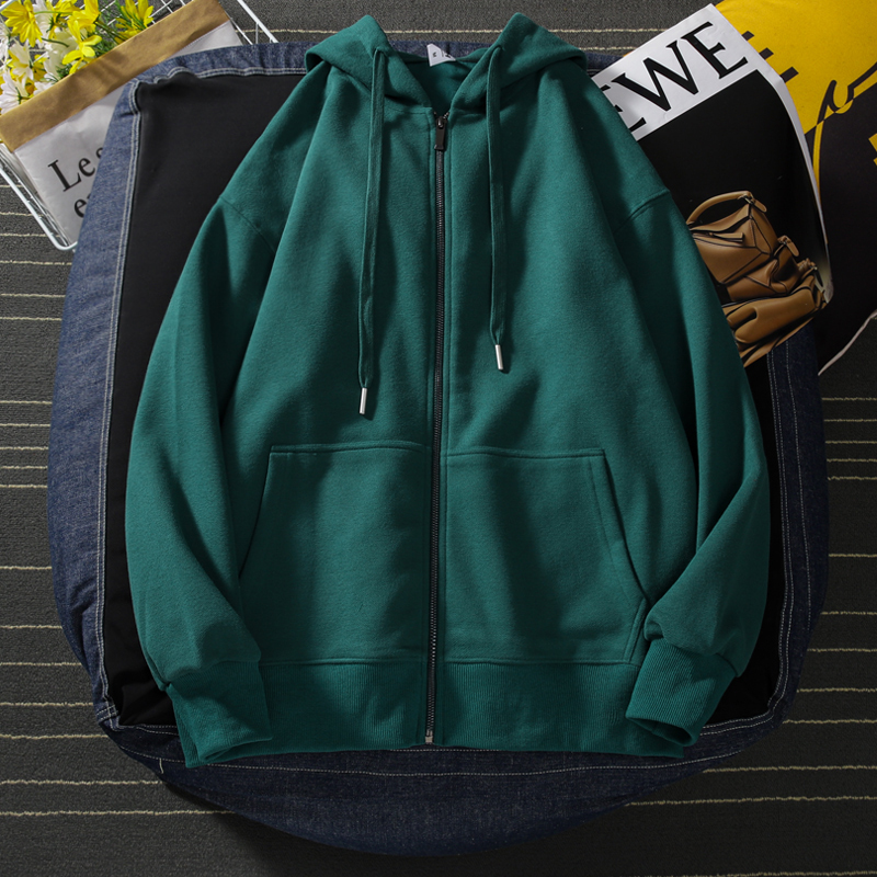 Spring and Autumn Hong Kong Style Retro Dark Green Hooded Niche Sweatshirt for Men, Trendy Zip-Up Hooded Oversized Jacket