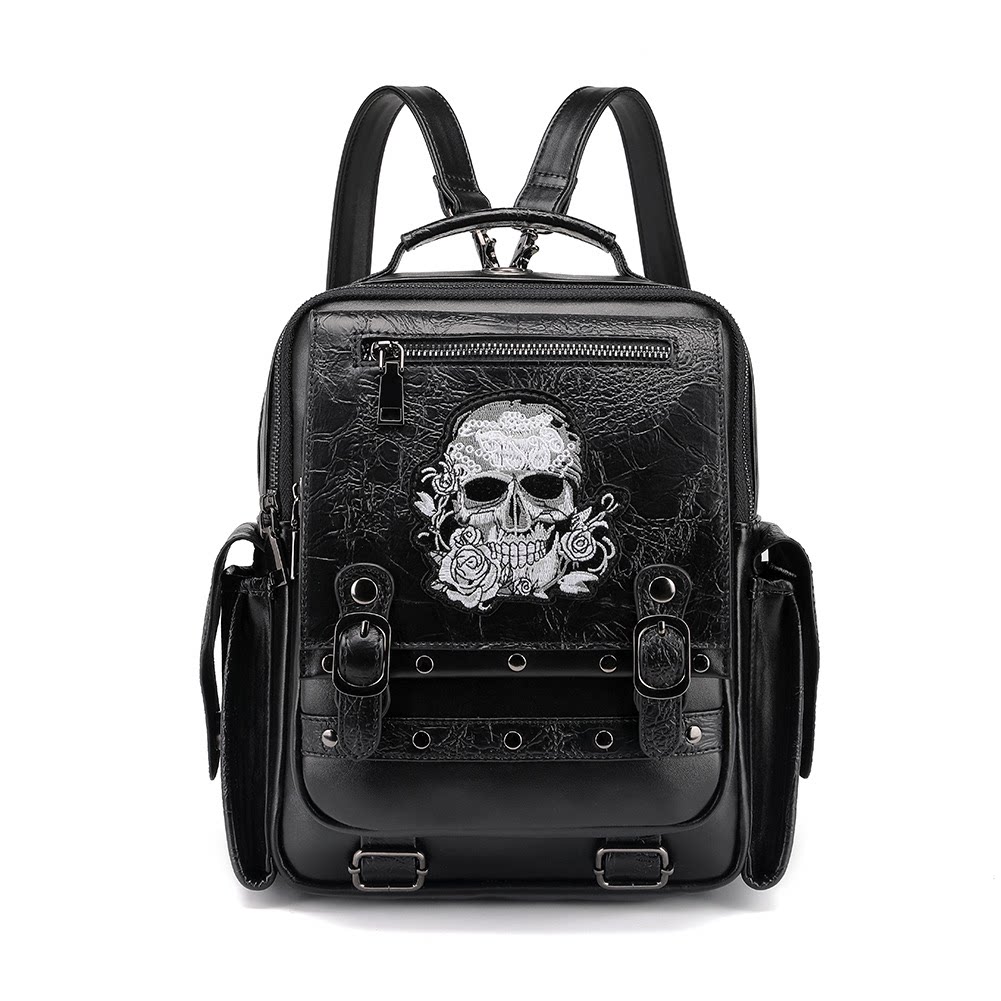 Stereoman European Banned Dark Backpack, Large Capacity Metal Gothic Punk Skull Backpack for Women