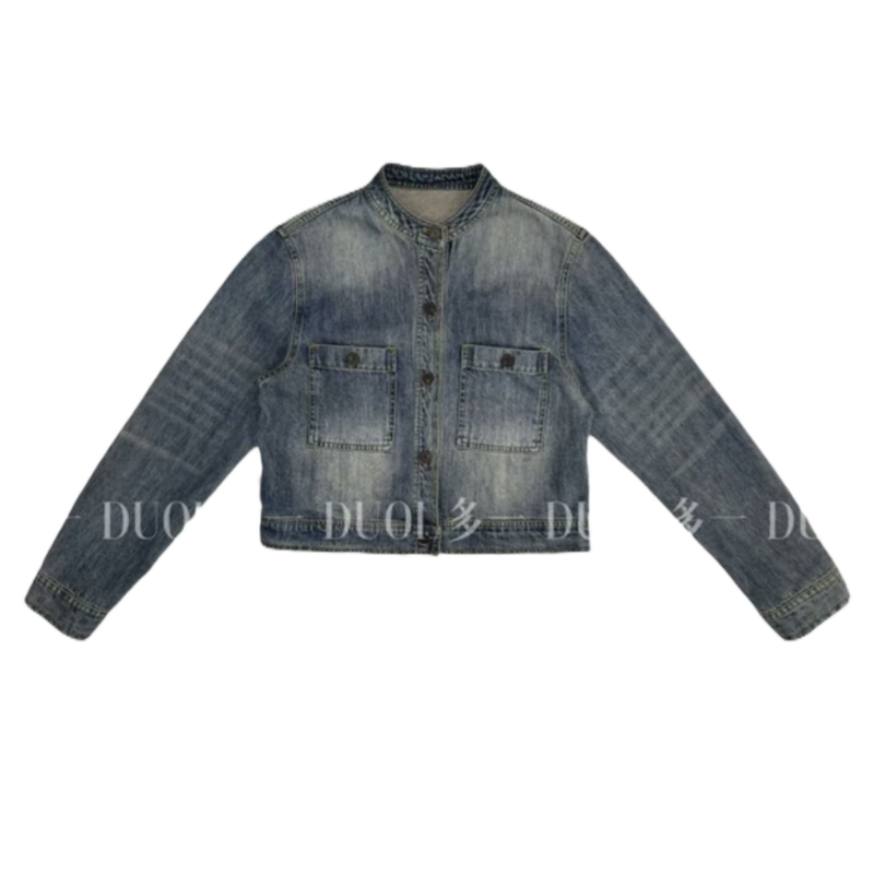 Denim Style 2025 Autumn New Washed Adjustable Cuff Double Pocket Stand Collar Long Sleeve Denim Jacket Trendy Top