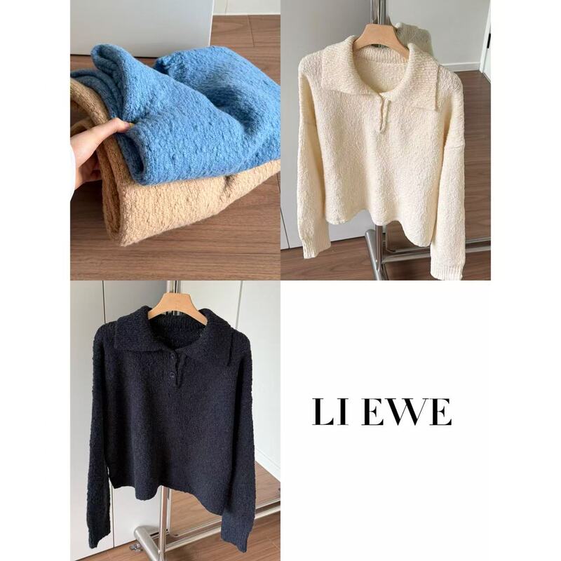 Li Ewe26Fw Cloud Yarn Looped Wool Round Neck Knitted Top Korean Style Polo Collar Pullover
