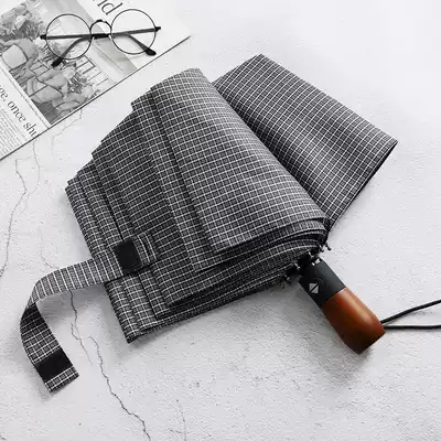 AD new automatic umbrella three folding umbrella sunny and rain business Plaid men's solid wood retro gentleman umbrella
