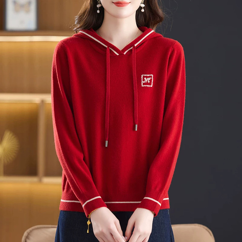 Casual Hooded Sweatshirt Knitwear Women's 2026 Autumn New Sweater Base Layer Loose Slimming Red Top Casual Hooded Sweatshirt Knitwear Women's 2026 Autumn New Sweater Base Layer Loose Slimming Red Top