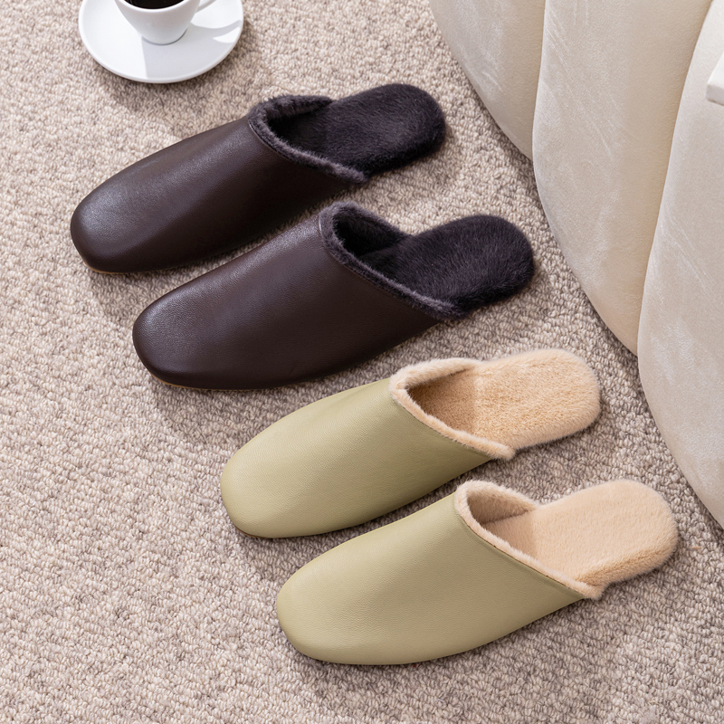 Japanese-Style Light Luxury Autumn and Winter Genuine Sheepskin Cotton Slippers for Women, Warm Plush Shoes, Warm Couple Indoor Non-Slip Slippers for Men