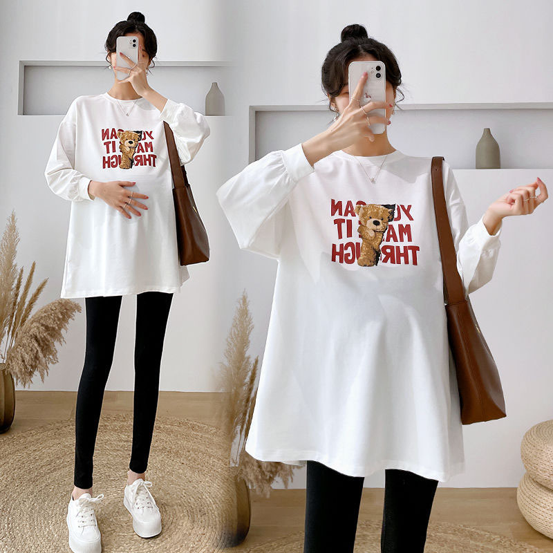 Maternity Wear Base Layer Shirt, Autumn and Winter White Pure Cotton Mid-Length Large Size Round Neck Loose Long-Sleeved T-Shirt for Women, Inner Layer Top