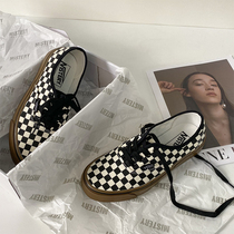 Japans new bandage raw rubber checkerboard caramel color black and white plaid flat canvas shoes womens shoes
