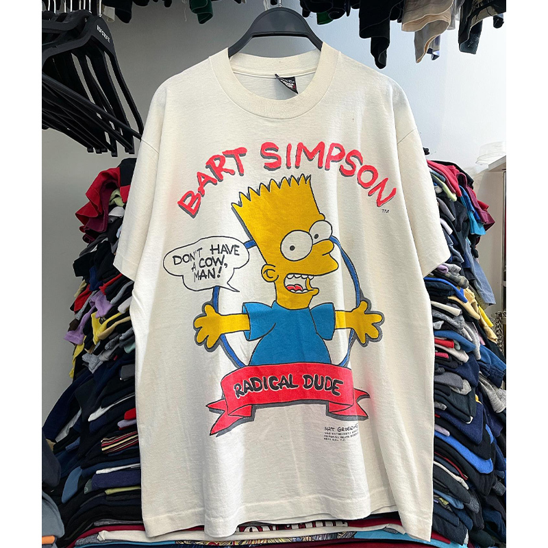 The Simpsons Cartoon Anime Short-Sleeved American Retro Vintage High Street Fashion Brand Pure Cotton T-Shirt for Men and Women