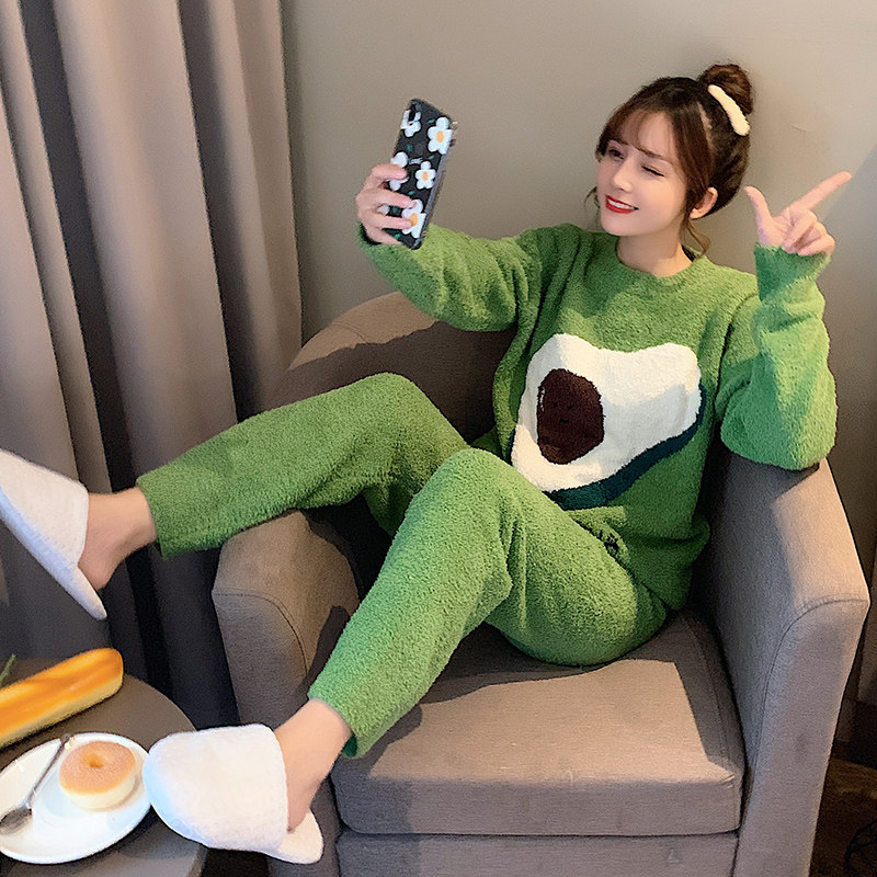 Soft pajamas women's spring, autumn and winter thickened warm avocado green coral fleece home service ins suit