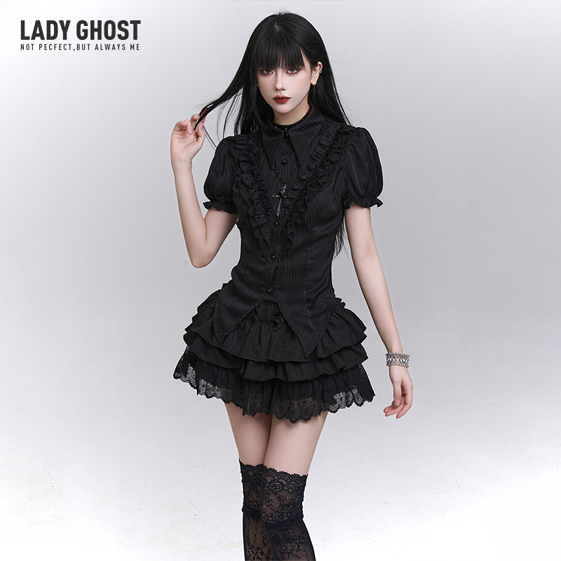 Ghost Girl Black Short-Sleeved Shirt Gothic Lolita Puff Sleeve Top Halloween Outfit Yabi Ghost Girl Black Short-Sleeved Shirt Gothic Lolita Puff Sleeve Top Halloween Outfit Yabi