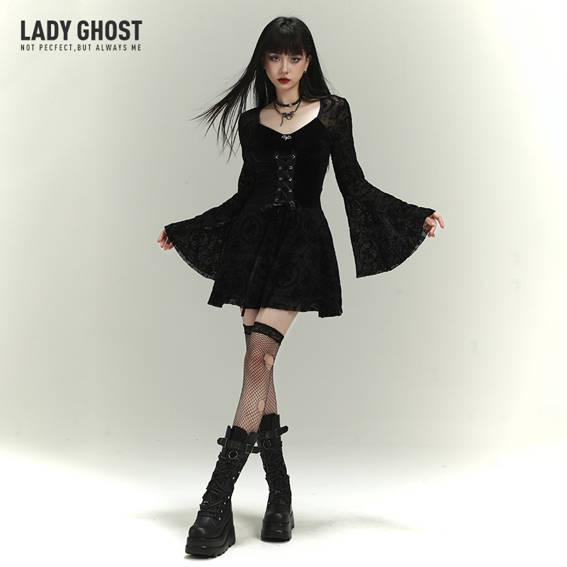 Ghost Girl Gothic Style Women's Black Bell-Sleeve Dress Subculture Outfit Dark Style Little Black Dress