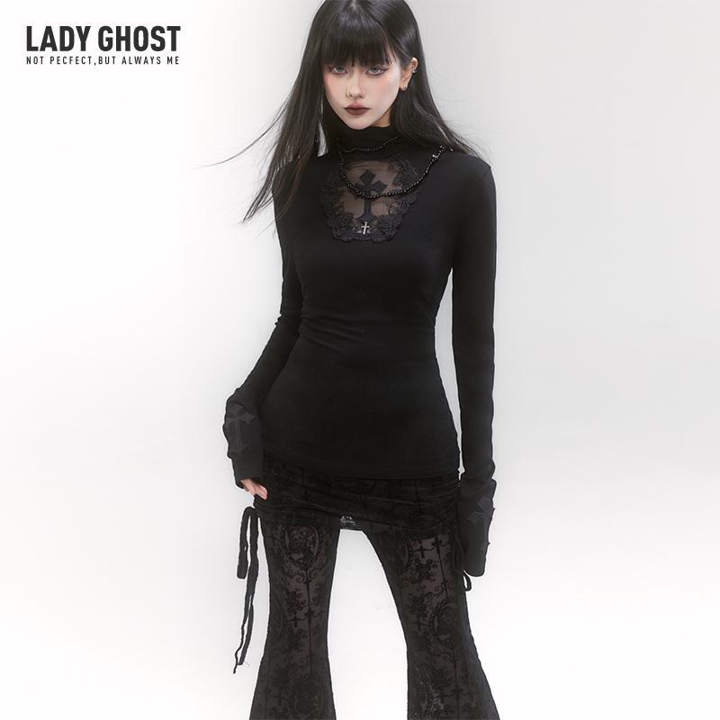 Ghost Girl Gothic Style Black Turtleneck Cross Top Women's Inner Layering Shirt Outer Wear Subculture Outfit