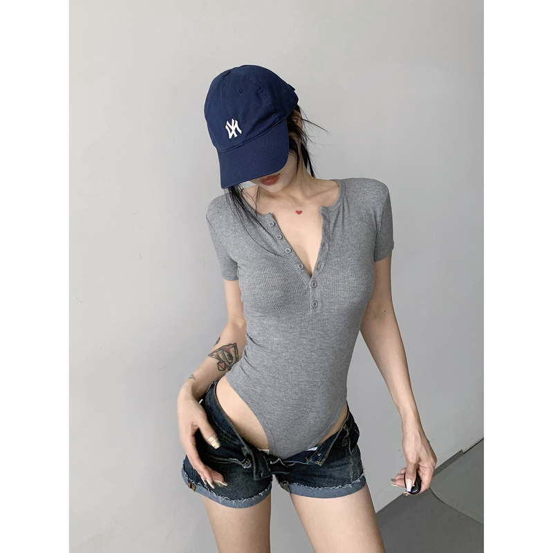 Hot Girl American-Style Sexy Stretchy Tight-Fitting Jumpsuit for Women, Slimming Button-Down Short-Sleeve T-Shirt, Inner Layer Base Top