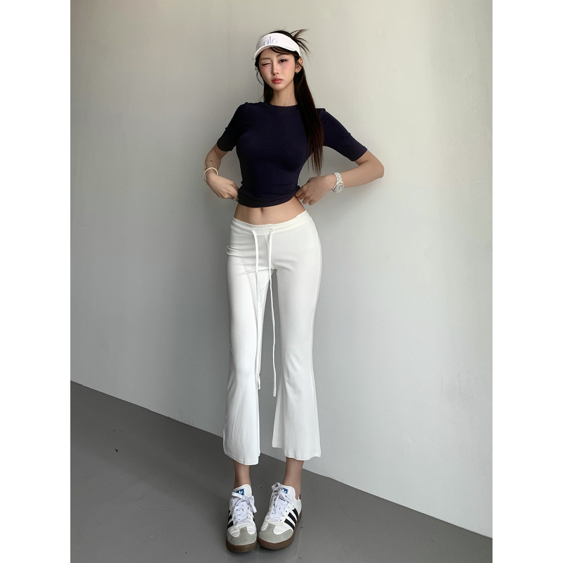 Super Soft Mid-Low Waist Flared Cropped Pants for Women, Fashionable White Versatile Low-Waist Comfortable Cotton Pants, Breathable for Summer