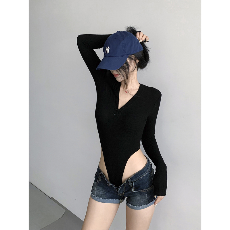 Long-Sleeved One-Piece T-Shirt, American-Style Sexy Stretchy Bodysuit, Inner Layer for Spring and Autumn, Button-Down Brushed Top