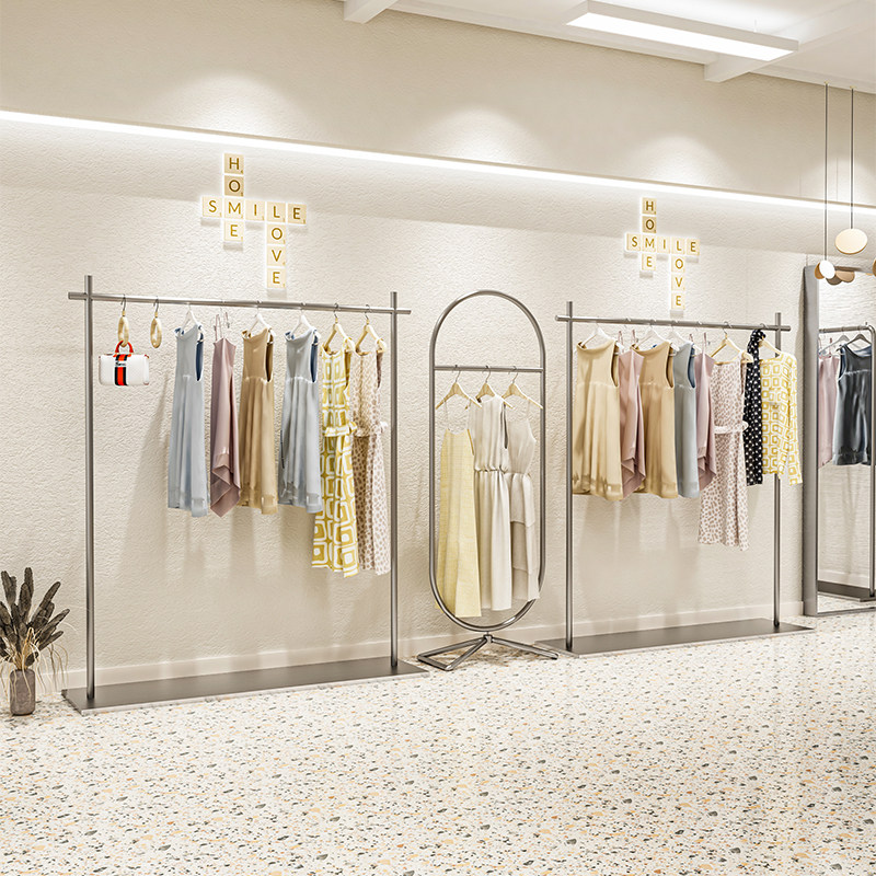 Simple Earth Style Middle Island Shelf Upscale Stainless Steel Wire Drawing Hanger Clothing Store Exclusive Display Rack Web Red Korean Version