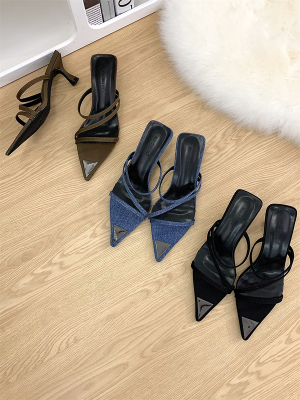 ins French Minimalist Niche Single-Strap Sandals Pointed Toe Thin Strap Open-Toe High Heels Summer Mules Half-Slippers for Women