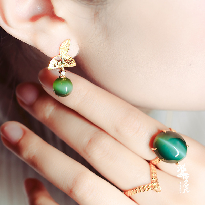 Brahwood Secret Theme Original Design Accessories Obiyang Green Fluorescent Gold Mounted and Tian Yu Ear Nail Ring