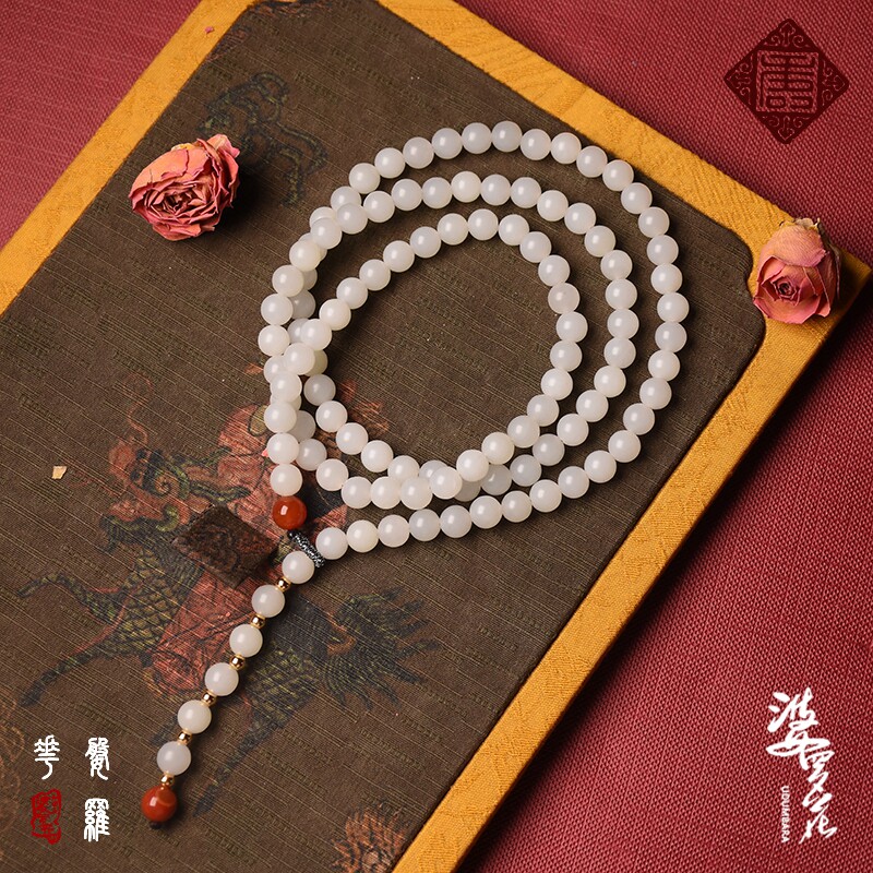 (Borneo Flower) Original design Xinjiang Hetian jade minced Mida material sheep fat white jade hand string multi-circle Y chain