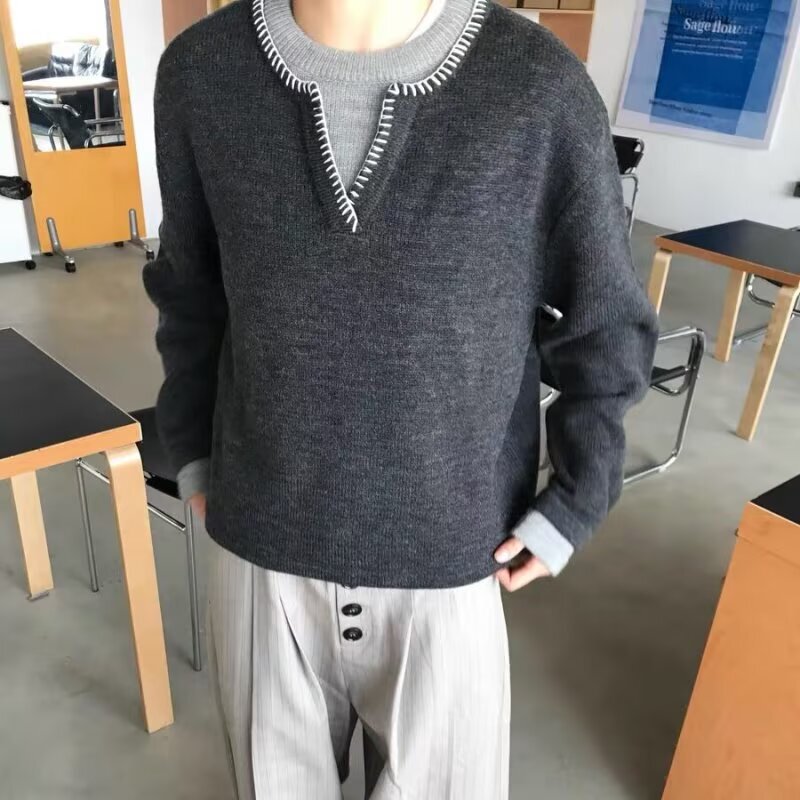 Hand-Stitched Australian Imported Floral Yarn Short Wide-Fit Henley Collar Sweater for Men, Super Soft and Smooth