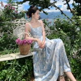 Синий атмосферный ремень, пляжное платье, юбка, французский стиль, цветочный принт, в цветочек, с открытой спиной