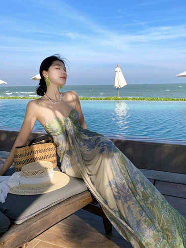 Весенняя длинная юбка, зеленое пляжное платье, французский стиль, в цветочек