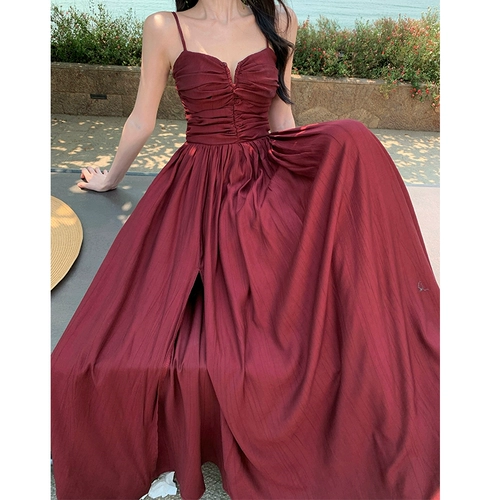 Бордовый летний корсет, весенняя длинная юбка, пляжное платье, французский стиль, с открытой спиной, яркий броский стиль