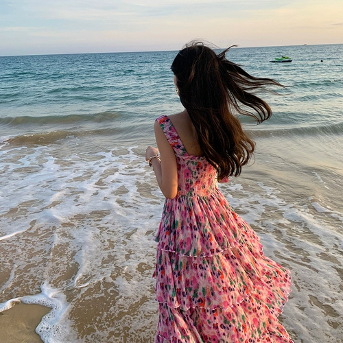 Юбка, летнее пляжное платье, французский стиль, в цветочек, эффект подтяжки